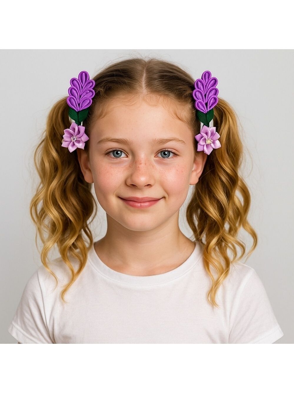 Hand Crafted Purple Barrette Hair Clip Floral Ribbon flowers purple 2- Piece set